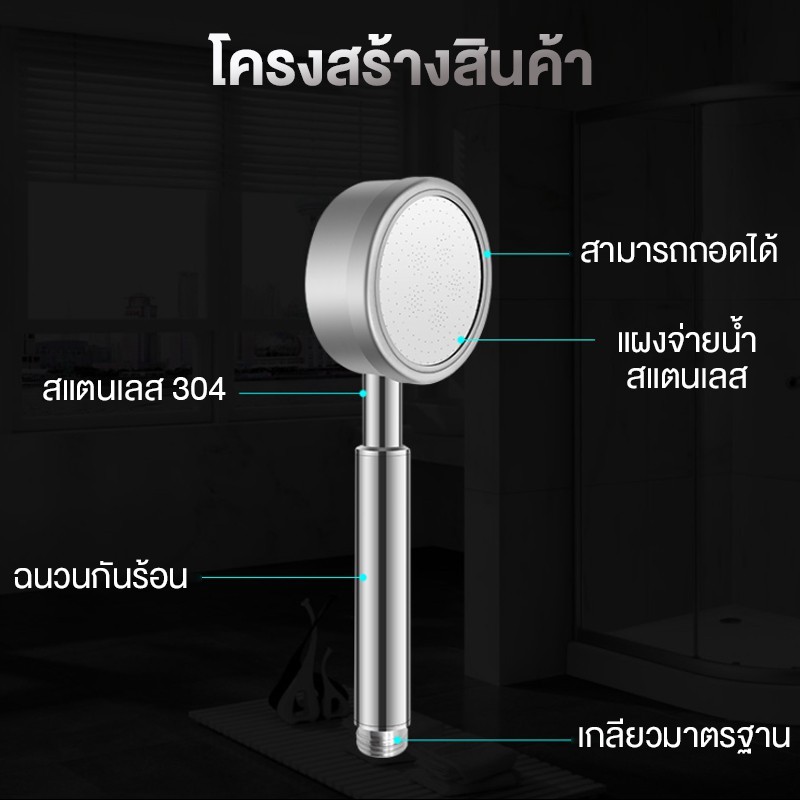 ฝักบัวอาบน้ำแรงดันสูง สแตนเลส 304 แท้ ทนทานไม่ขึ้นสนิม รุ่นสแตนเลส